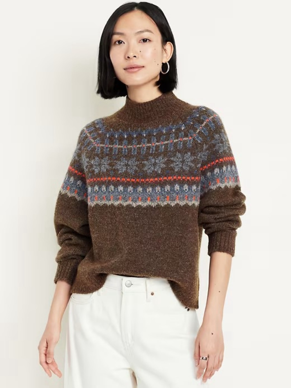 Old Navy Holiday Print Mock-Neck Sweater Brown ~ Size Small
